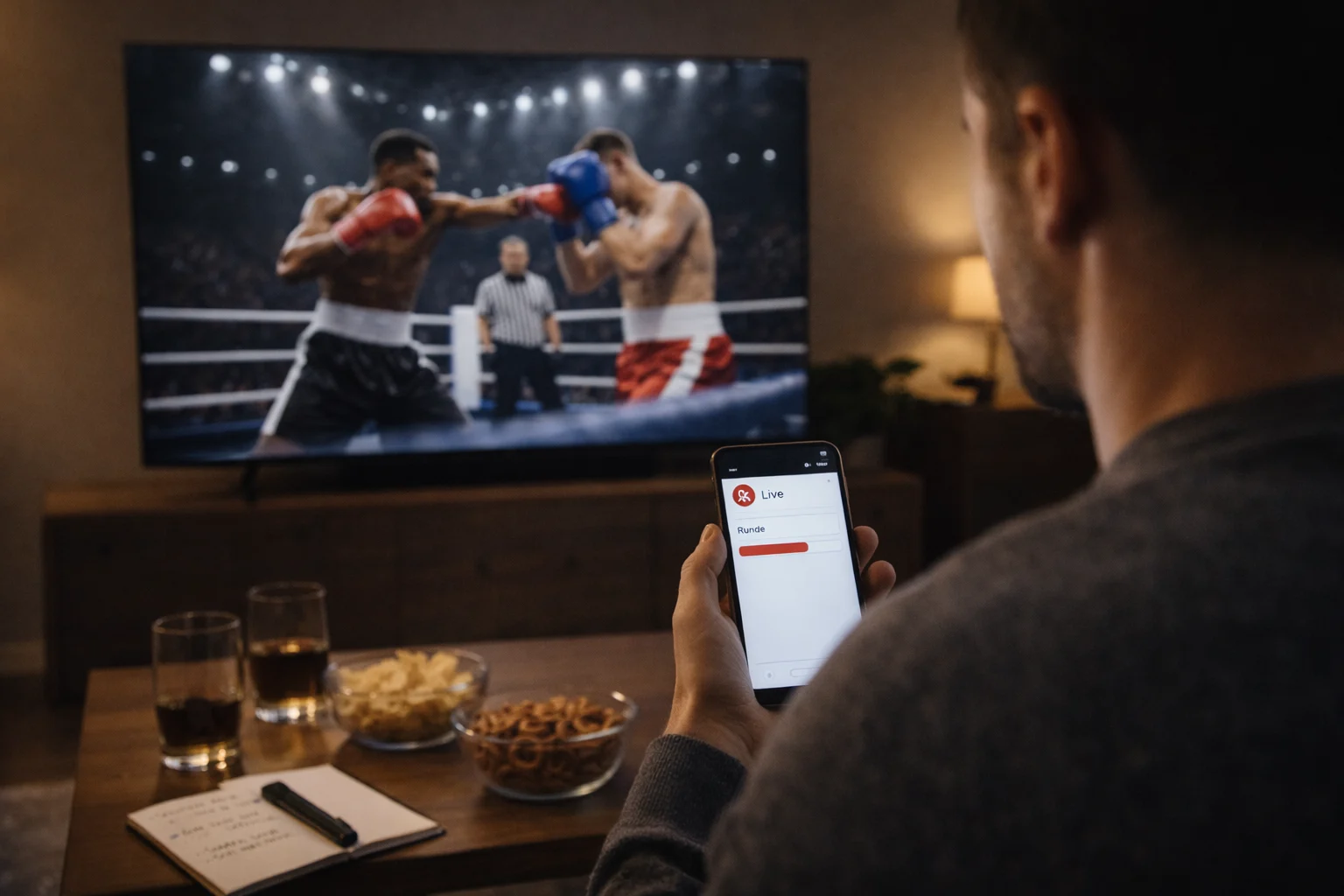 Fan verfolgt einen Boxkampf auf dem Fernseher mit Smartphone in der Hand
