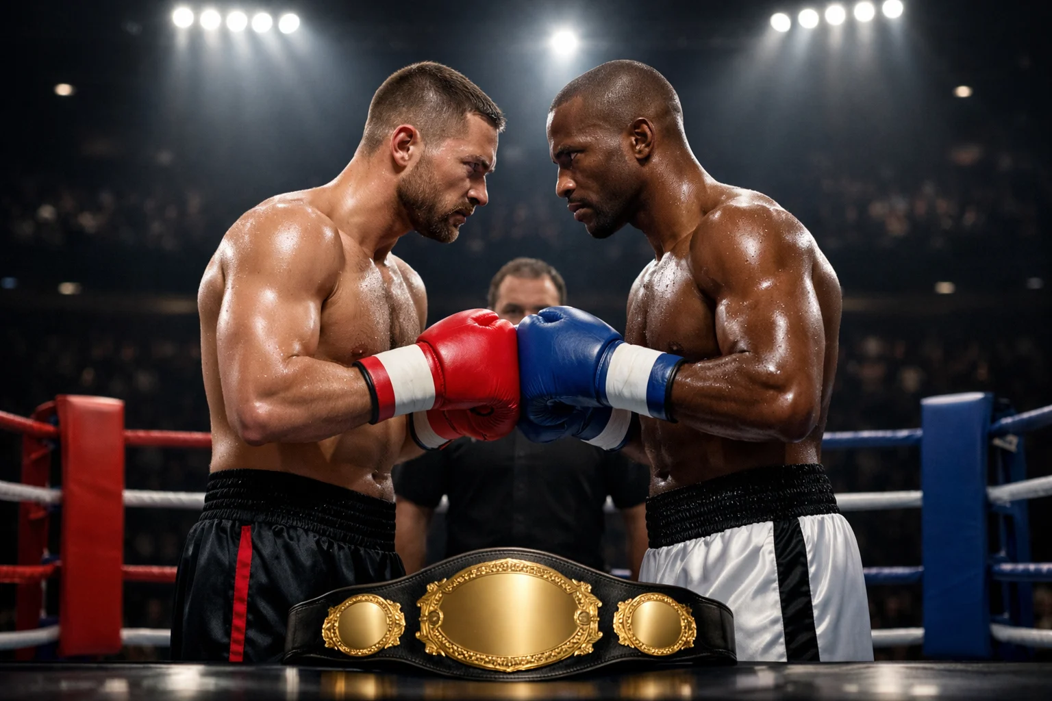 Zwei Profiboxer im Boxring unter Scheinwerferlicht vor einem Titelkampf