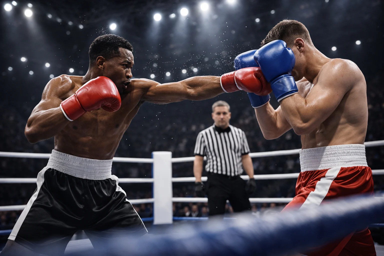 Nahaufnahme eines Boxkampfes mit Ringrichter im Hintergrund