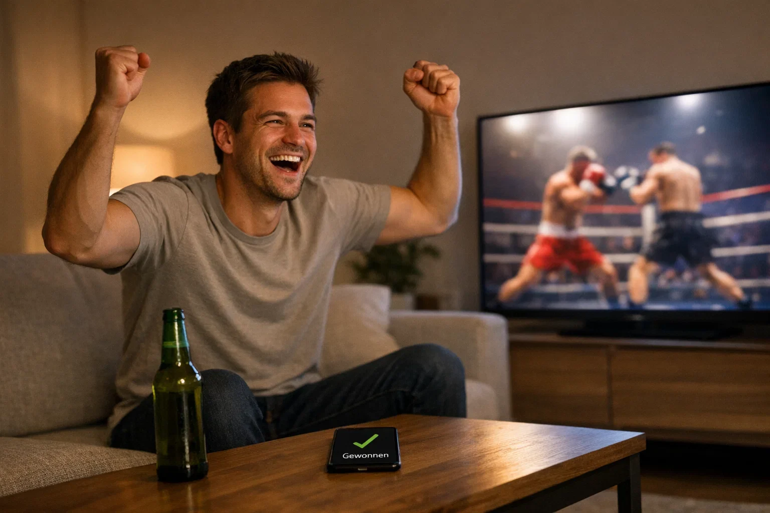 Sportfan feiert Gewinn beim Boxwetten zu Hause