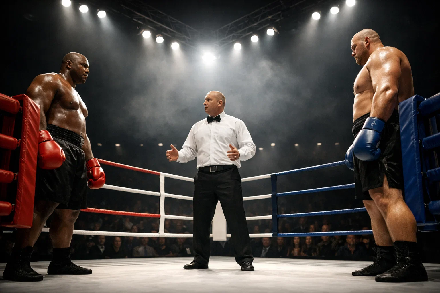 Profiboxer im beleuchteten Ring vor dem Kampf