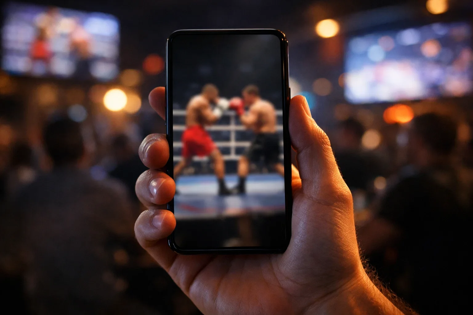 Hand hält Smartphone mit Sportwetten-App beim Boxkampf