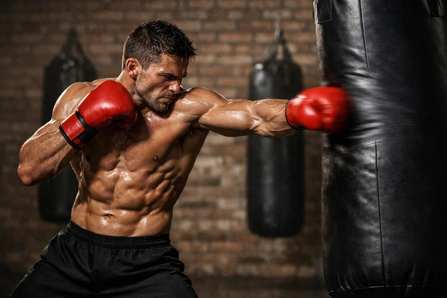 Boxer beim Training am Sandsack im Fitnessstudio