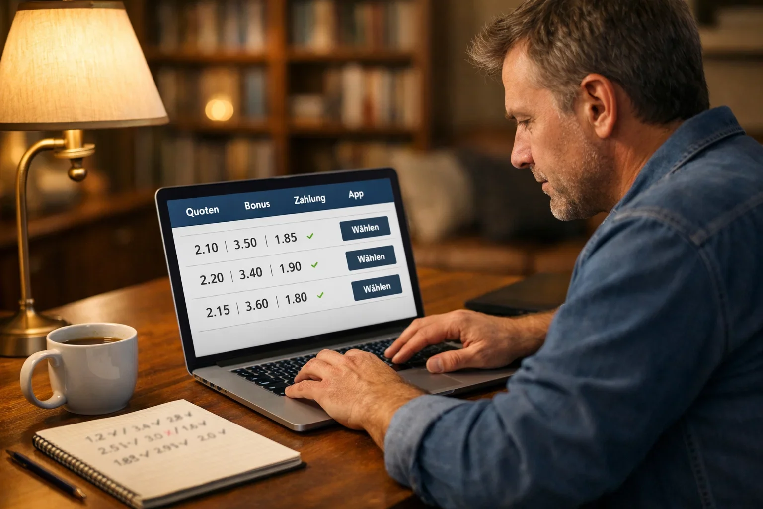 Mann vergleicht Boxwetten-Anbieter am Laptop