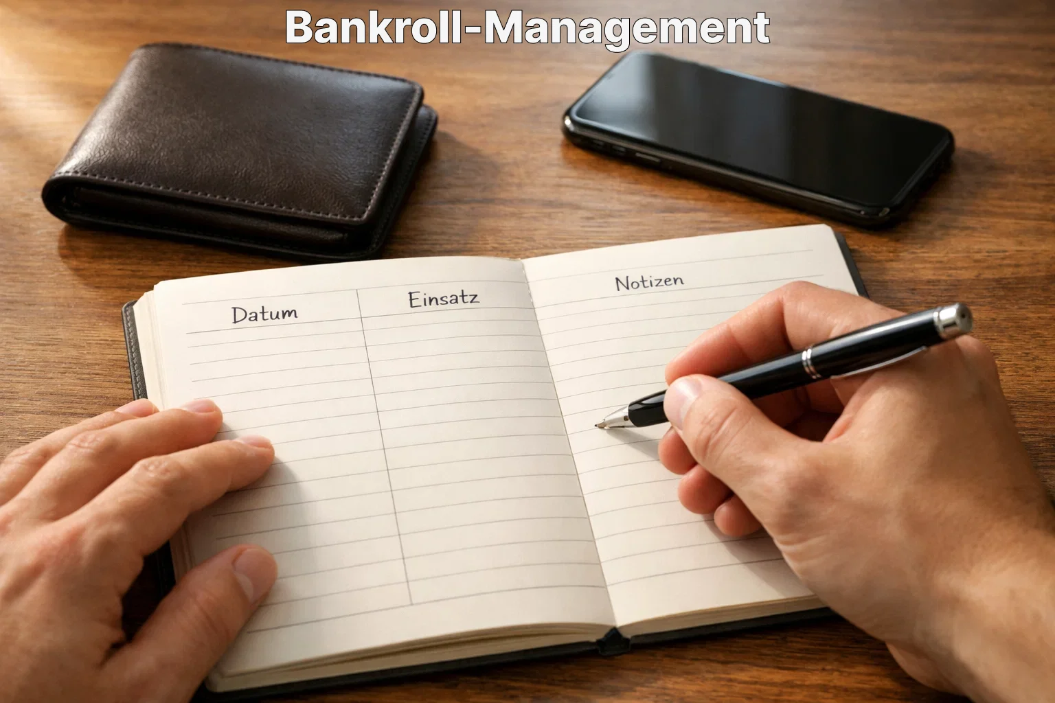 Person verwaltet Wettbudget mit Notizbuch und Stift