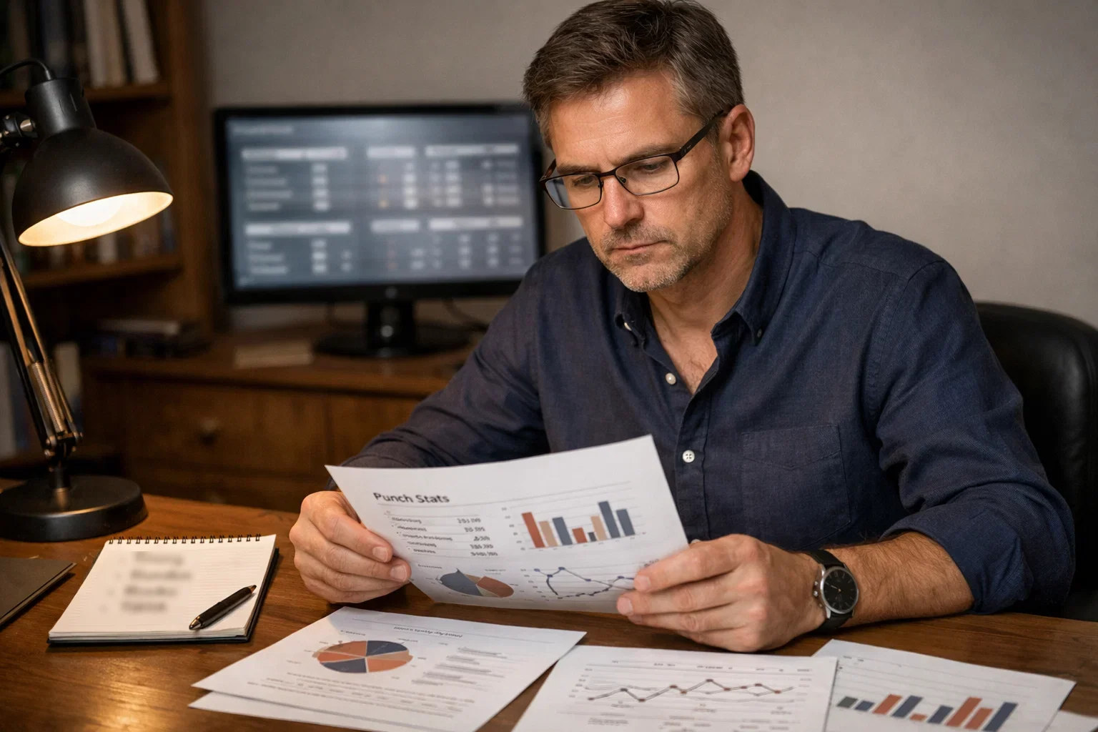 Konzentrierter Sportwetter analysiert Boxstatistiken am Schreibtisch