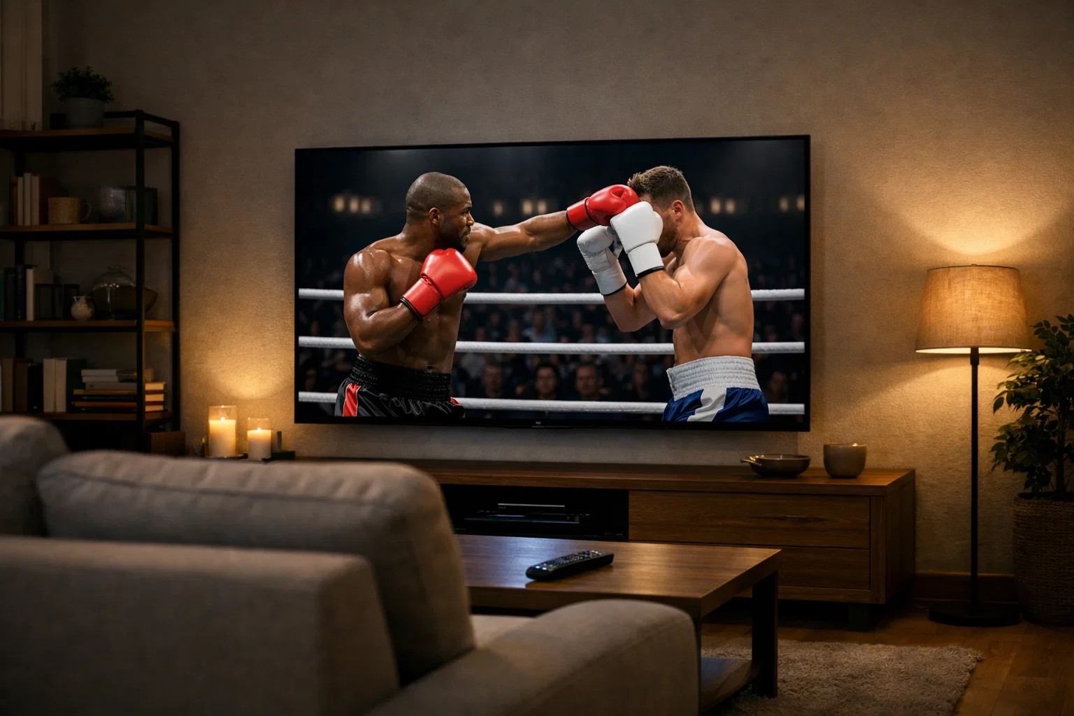 Großer Fernseher mit Live-Übertragung eines Boxkampfes