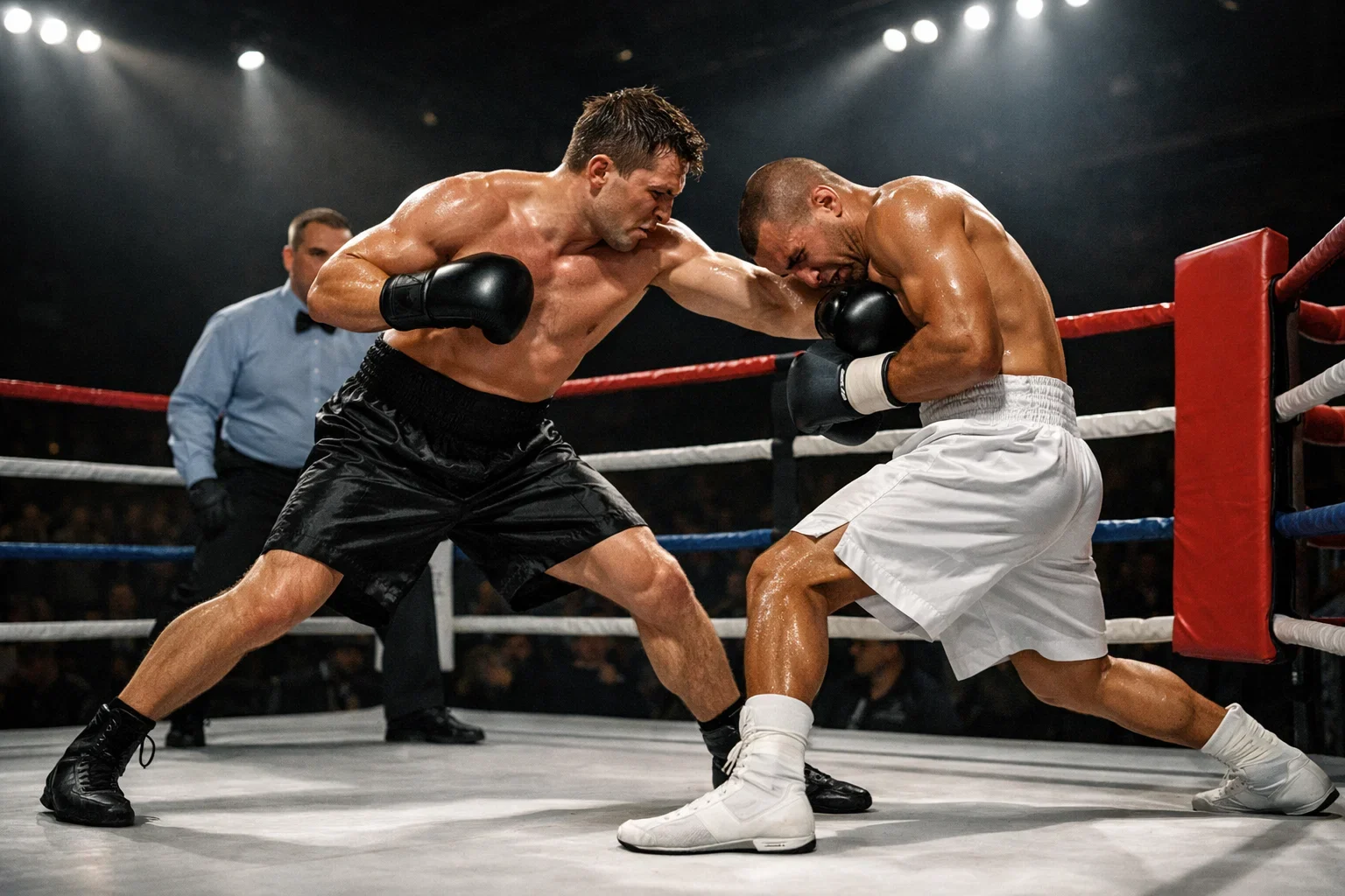 Boxer im Moment eines kraftvollen Treffers während des Kampfes