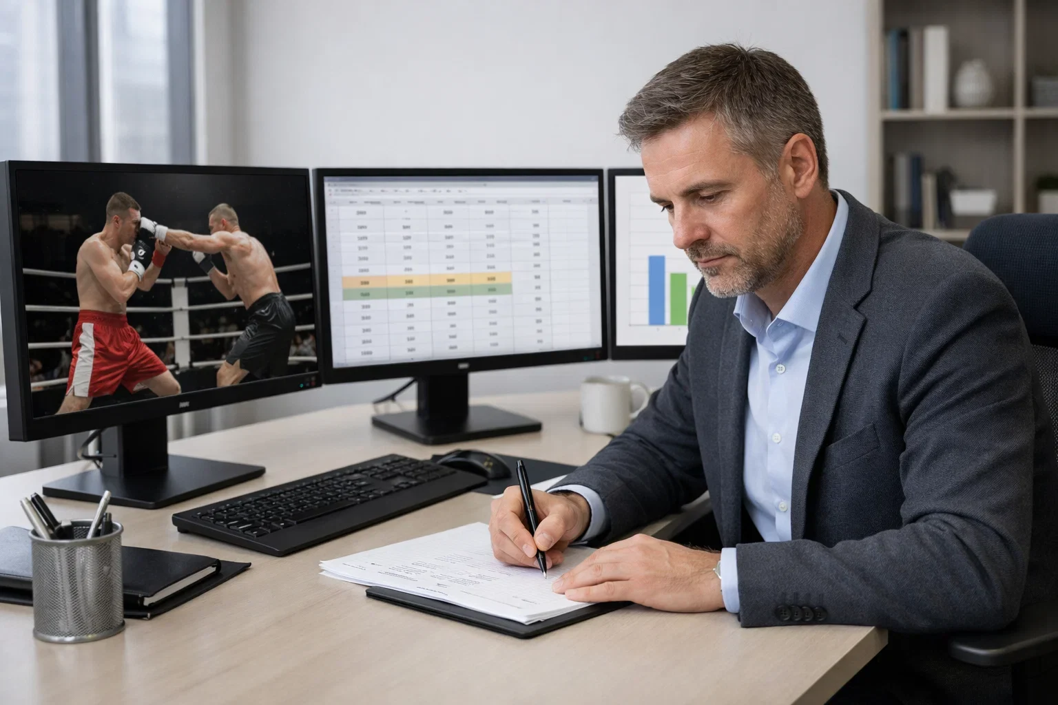 Sportanalyst wertet Boxkampf-Statistiken am Computer aus