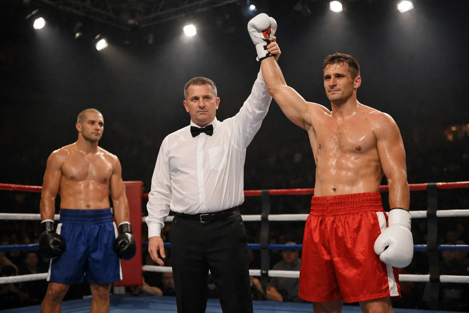 Siegreicher Boxer mit erhobenem Arm nach Punktentscheidung