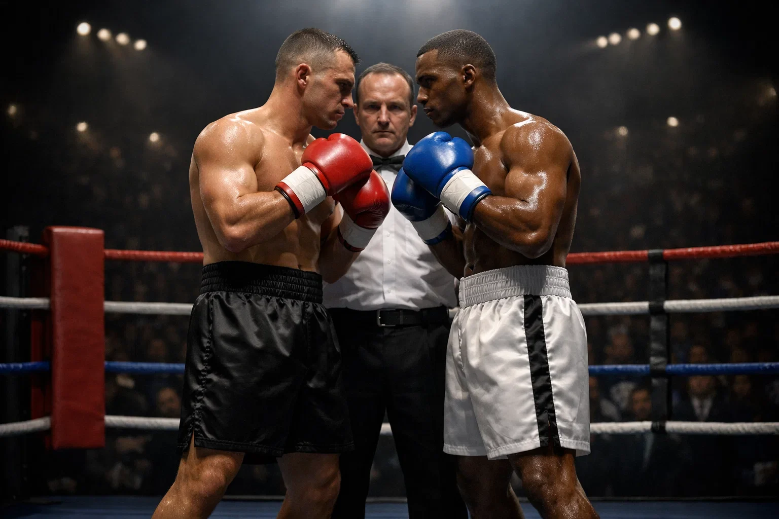 Zwei Profiboxer stehen sich vor dem Kampf im Ring gegenüber