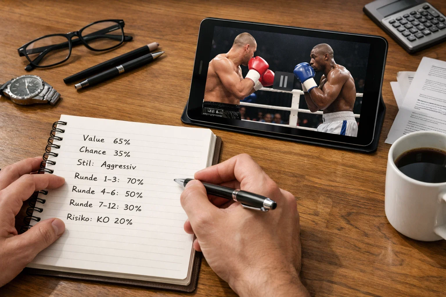 Person macht Notizen beim Analysieren von Boxkampf-Videos