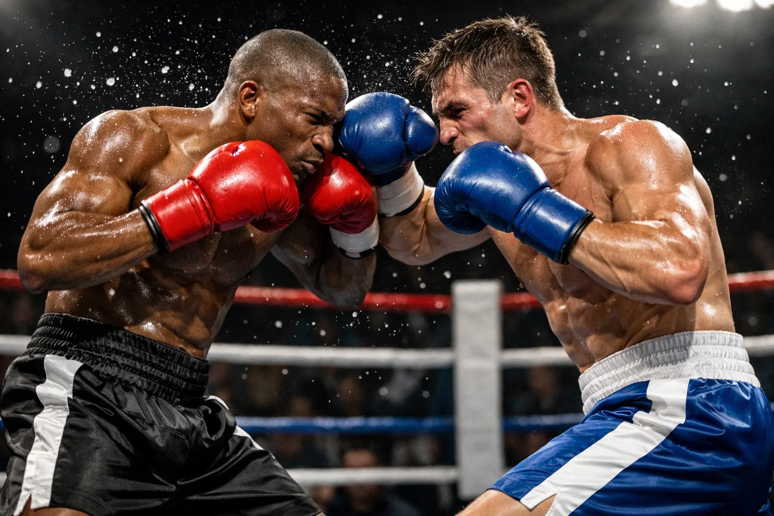 Dynamische Nahaufnahme zweier Boxer im Schlagabtausch
