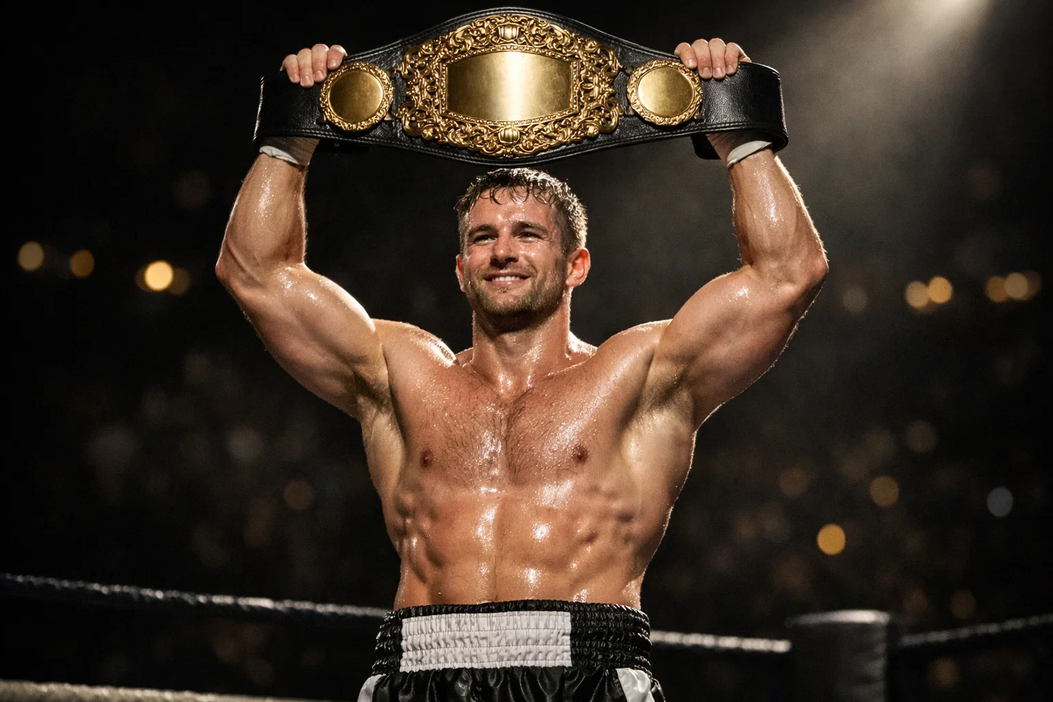 Boxweltmeister präsentiert stolz seinen Meisterschaftsgürtel