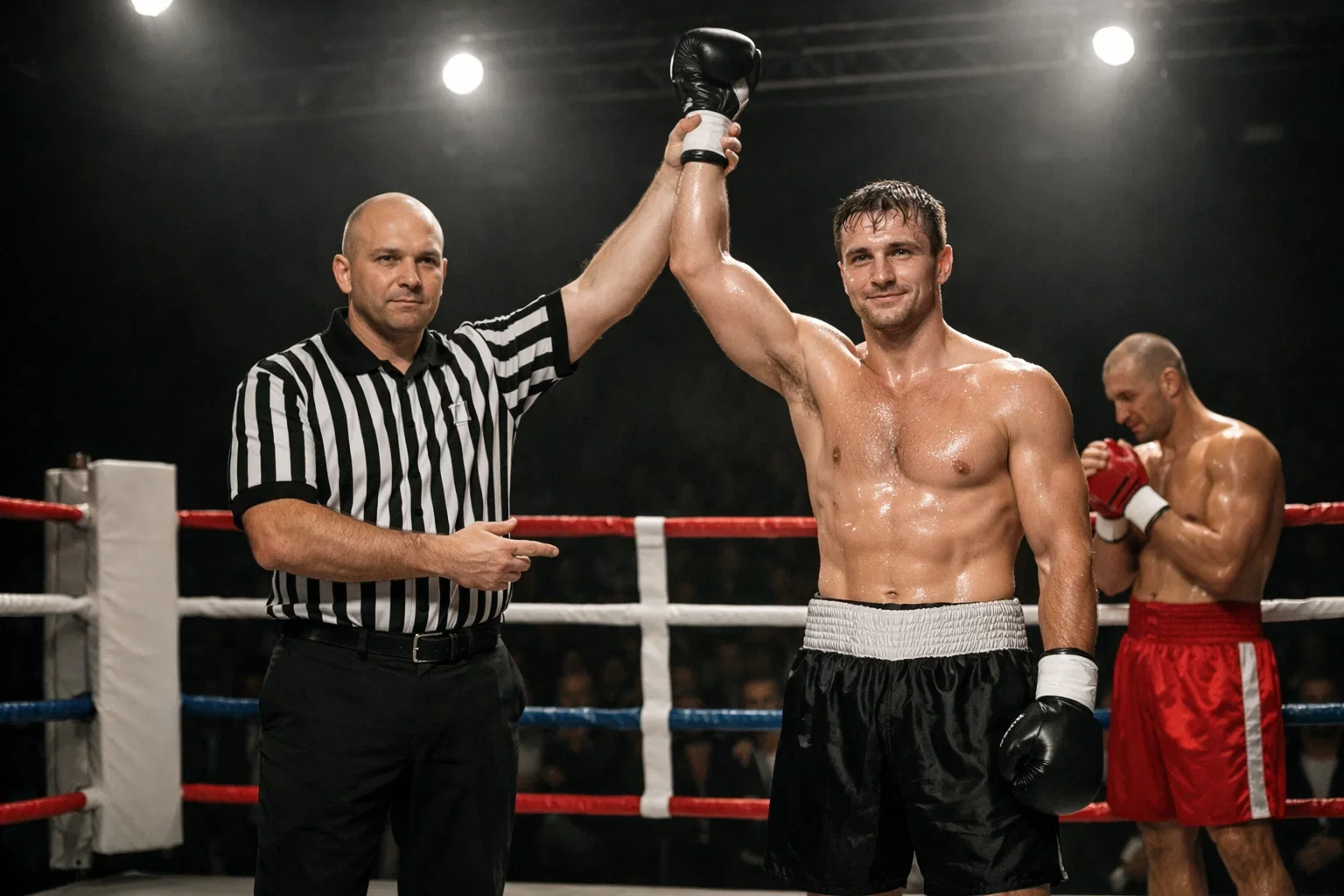 Ringrichter hebt den Arm des siegreichen Boxers nach dem Kampf