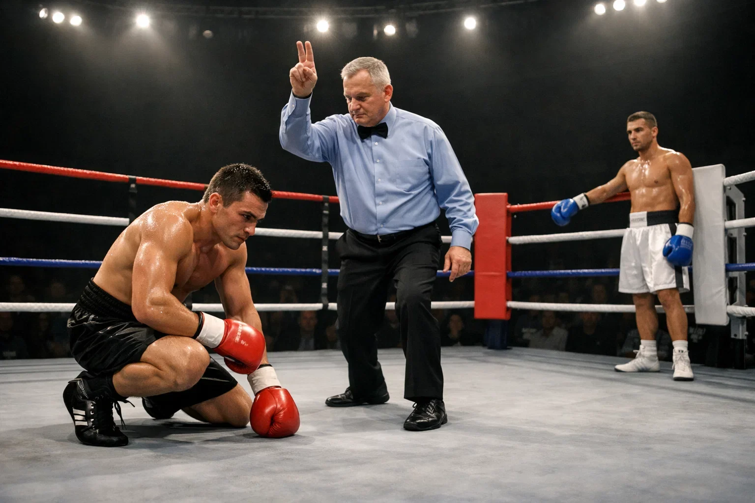 Boxer geht nach einem Treffer auf die Knie im Knockdown