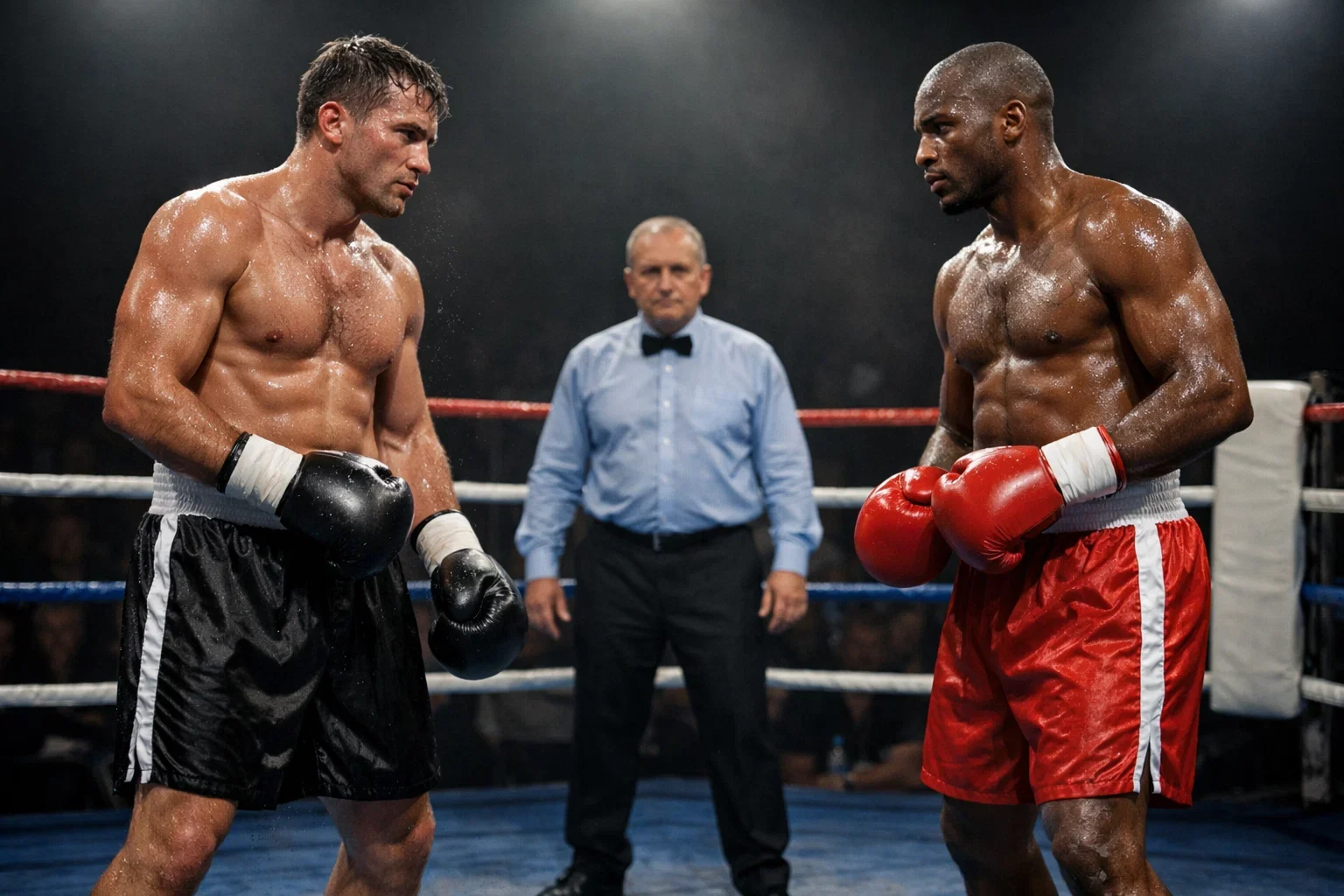 Erschöpfte Boxer in einer späten Runde eines langen Kampfes