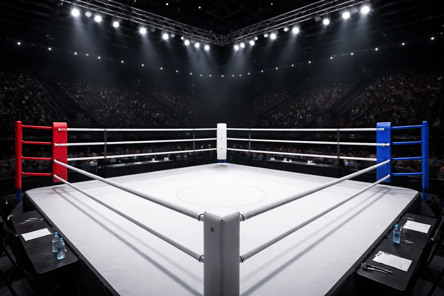 Professioneller Boxring in einer beleuchteten Arena mit Zuschauern