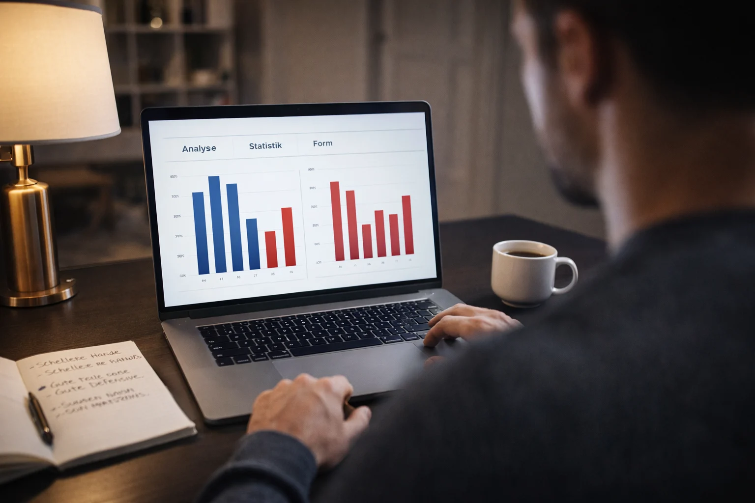 Person analysiert Boxstatistiken auf einem Laptop mit Notizblock